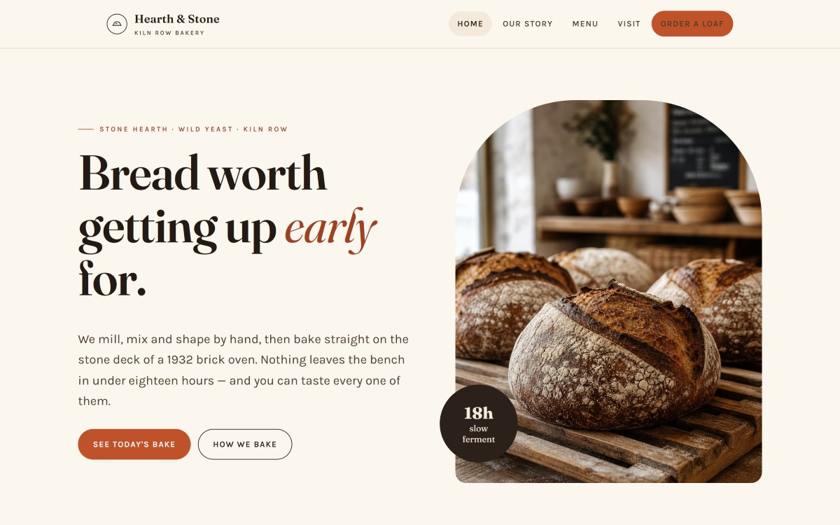 The Hearth & Stone bakery website, built with Lintel
