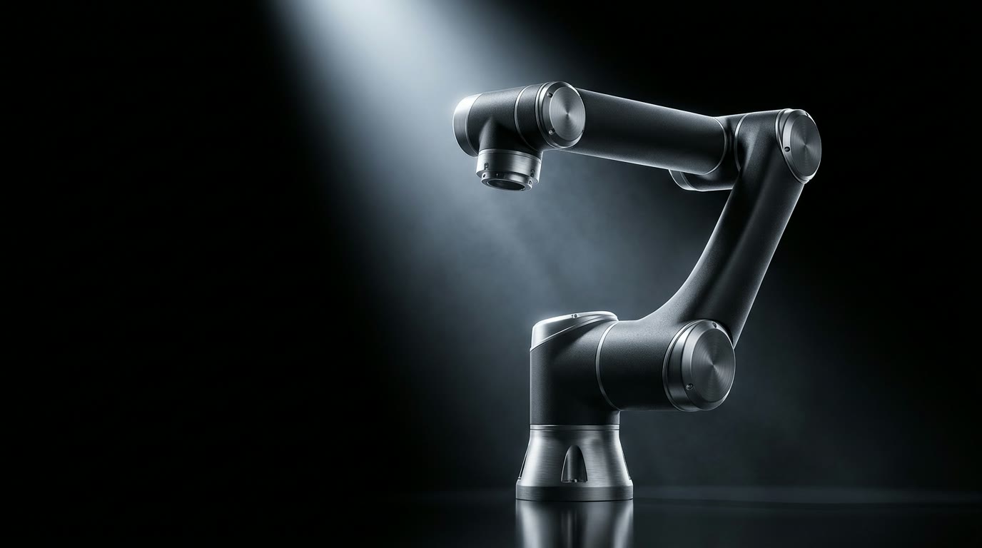 A black robotic arm under a single hard beam of light