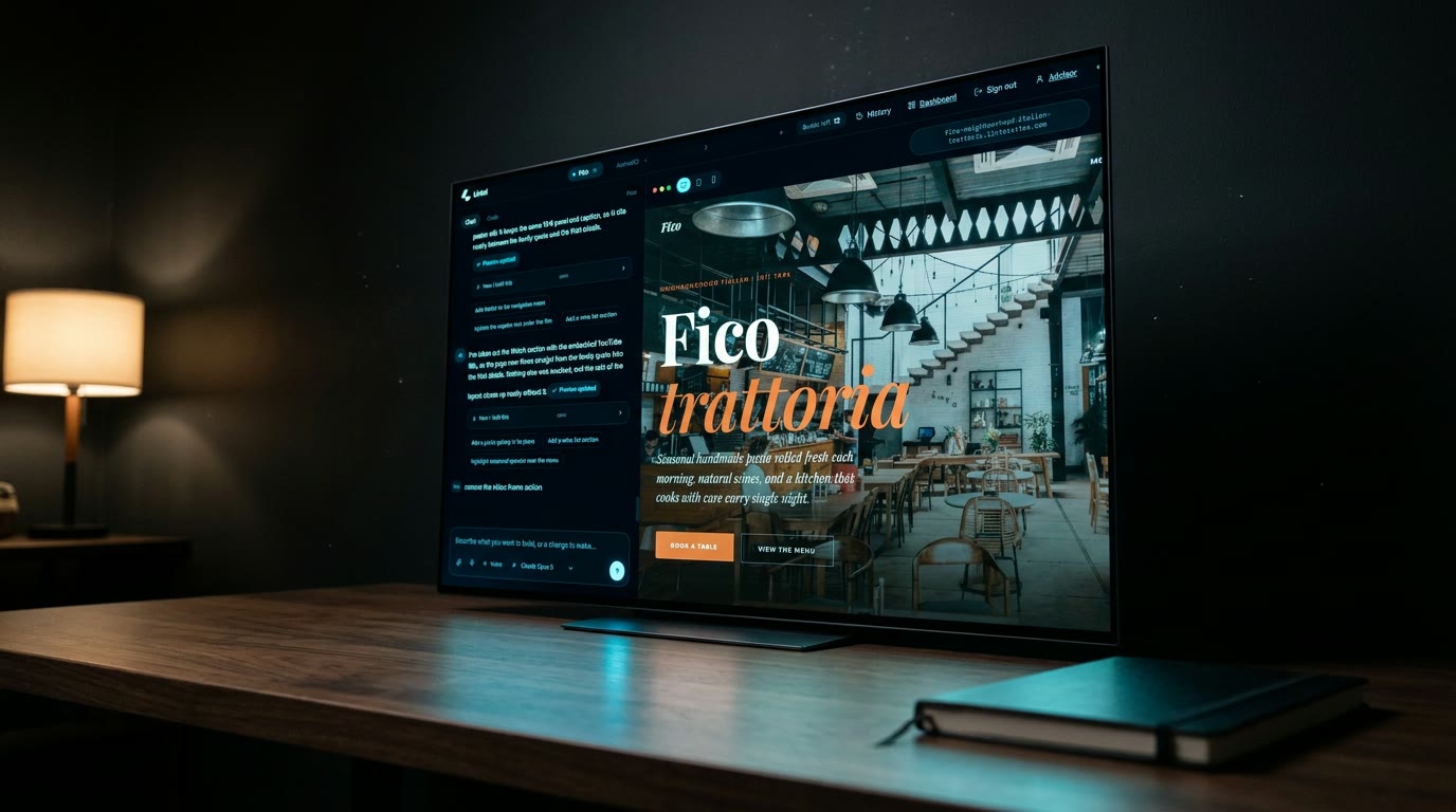 The Lintel builder on a monitor in a dark room, shaping a trattoria’s website